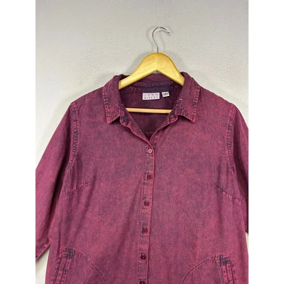 Acid Wash Joan Rivers Womens LP Burgundy Cotton Button Down Pocket Shirt Top - Picture 8 of 11